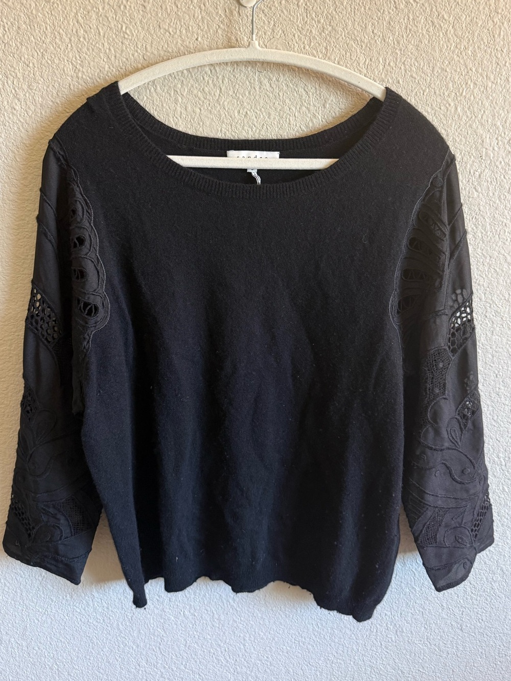 SANDRO Black Sweater with Lace Detail Sleeves Flowy Lightweight Designer Size 3